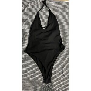 SHEIN Black Ribbed Halter Bodysuit Lace Up Back High Cut Plunge Neck Large